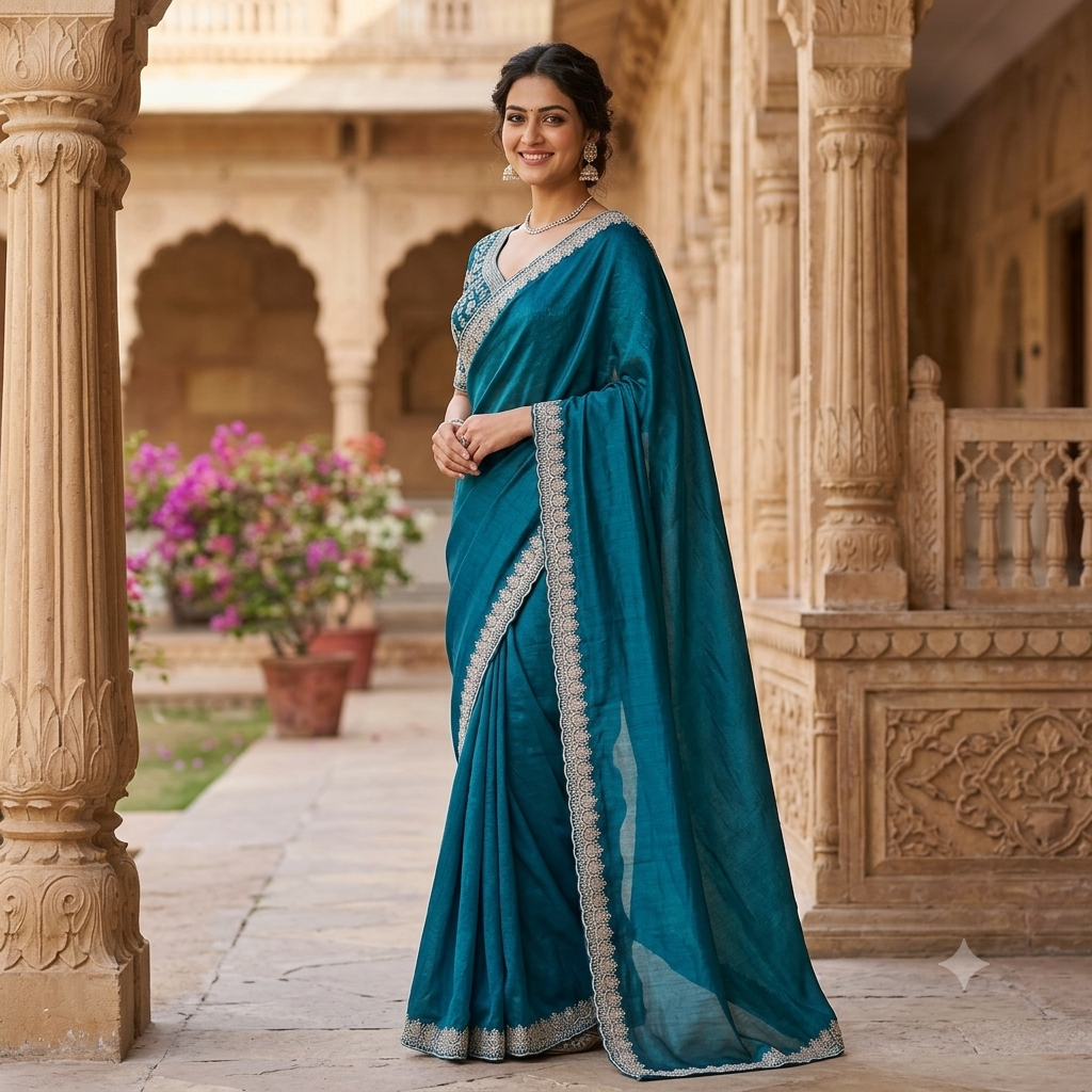 TEAL GEORGETTE SAREE WITH SILVER SCALLOP BORDER