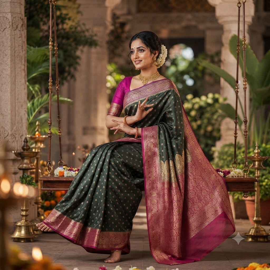 BOTTLE GREEN MAGENTA BANARASI SILK SAREE
