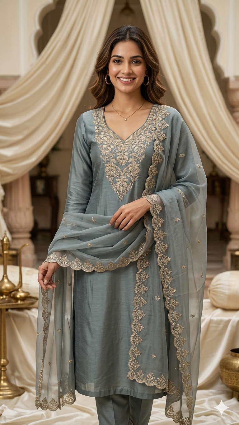 DUSTY BLUE GREY EMBROIDERED DRESS MATERIAL