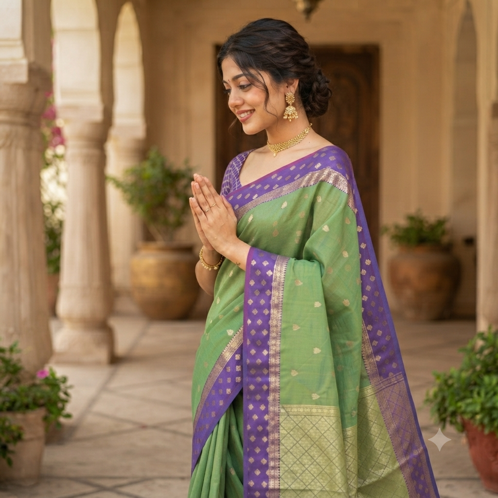 PARROT GREEN KANCHIPURAM SILK SAREE WITH VIOLET CONTRAST BORDER