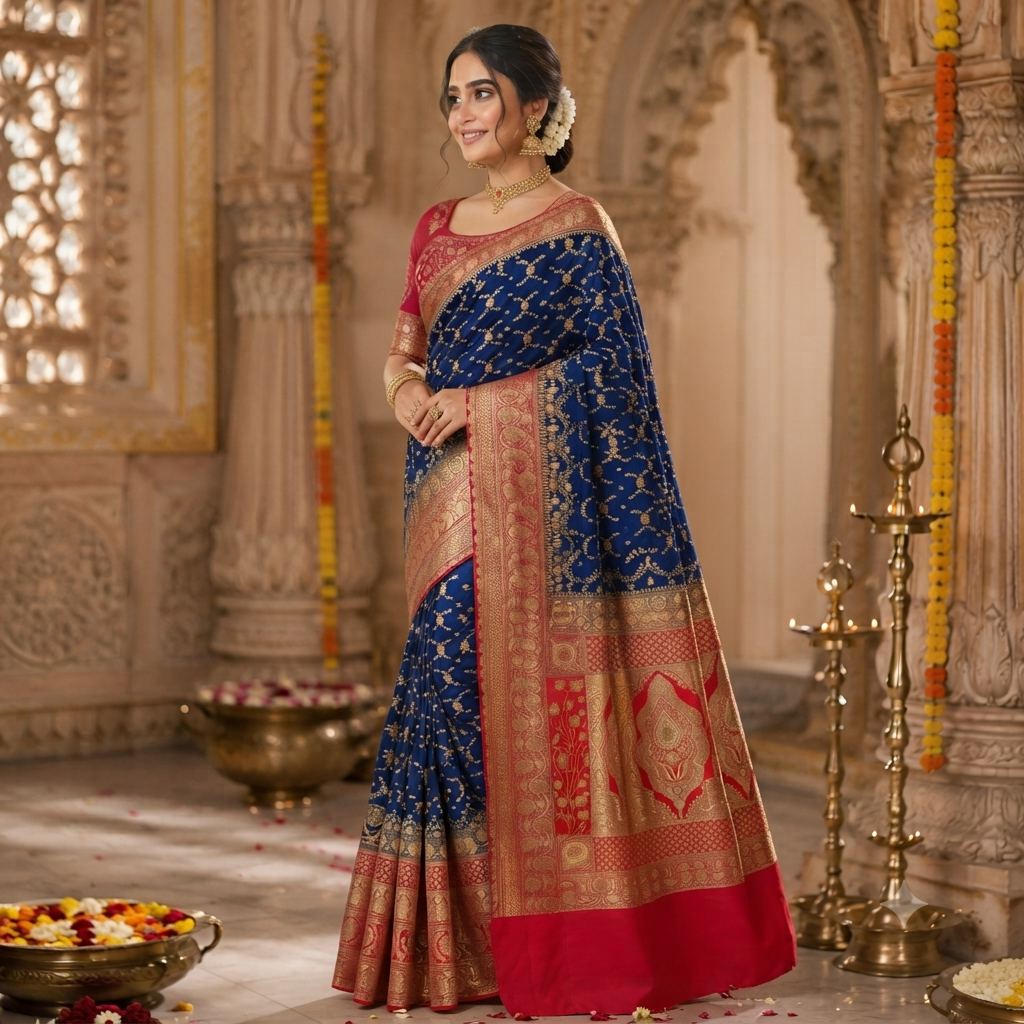 ROYAL BLUE RED BANARASI SILK SAREE