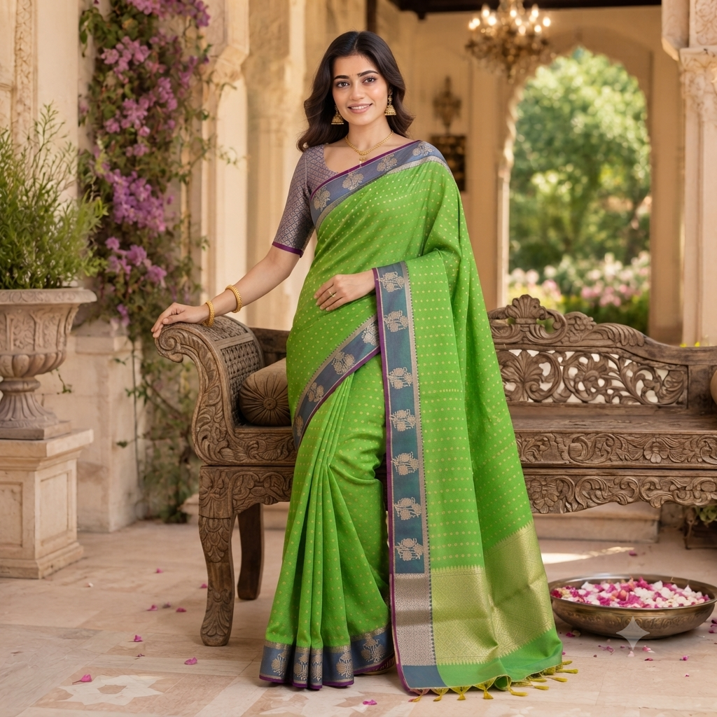 PARROT GREEN KANCHIPURAM SILK SAREE WITH PEACOCK BLUE CONTRAST BORDER