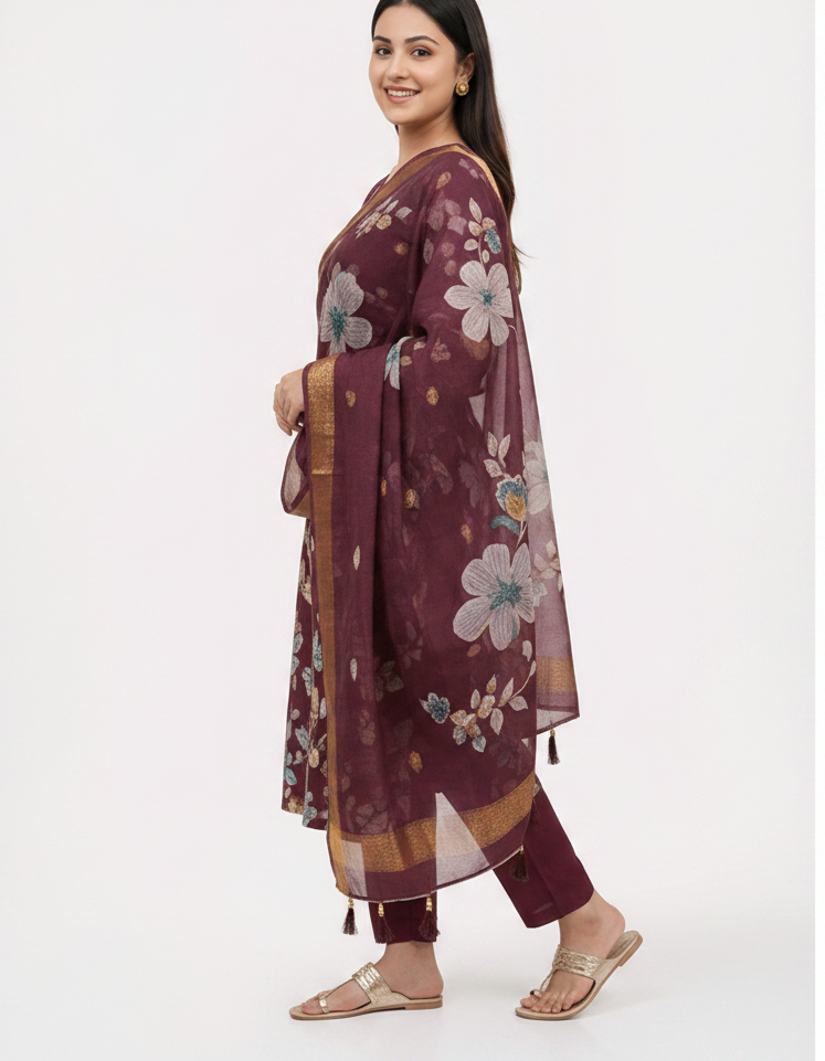 DEEP WINE PRINTED KURTI SET