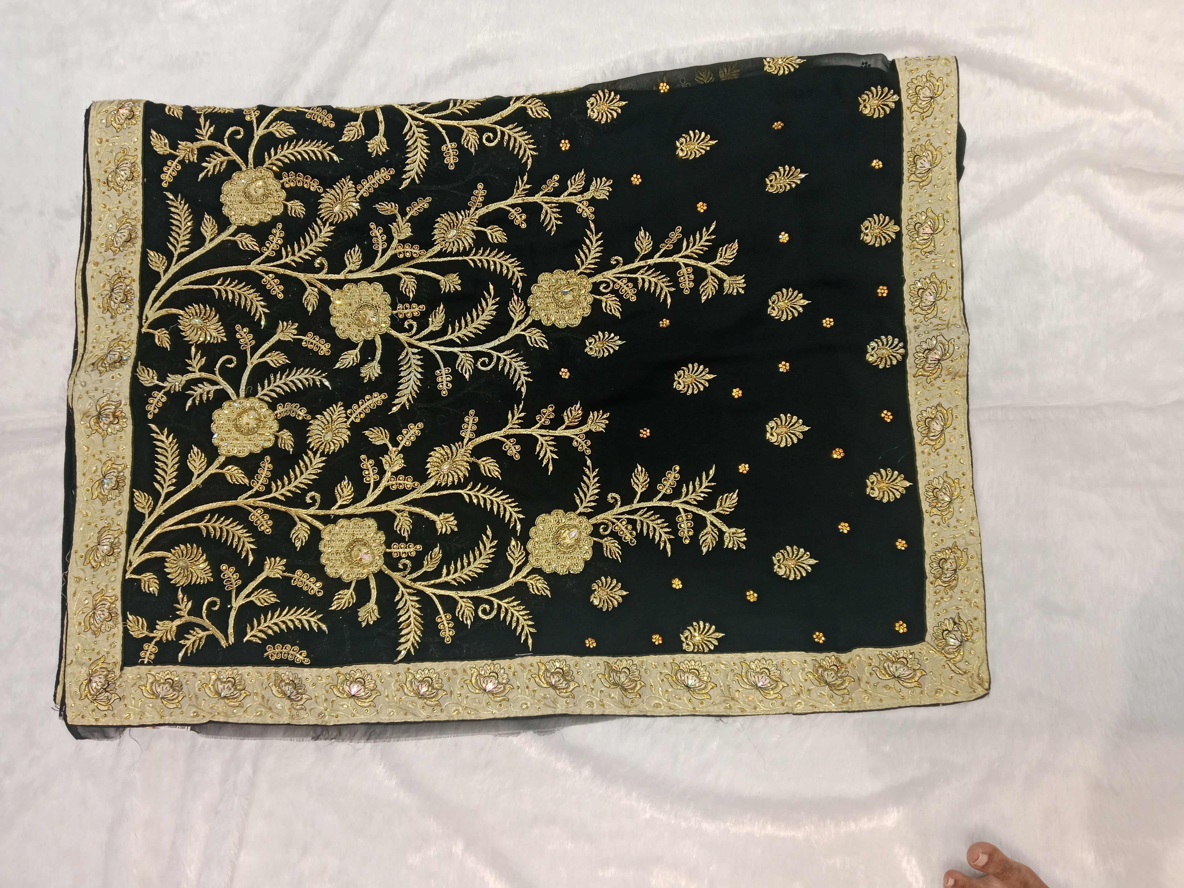 BLACK GEORGETTE SAREE WITH ANTIQUE GOLD ZARI FLORAL JAAL