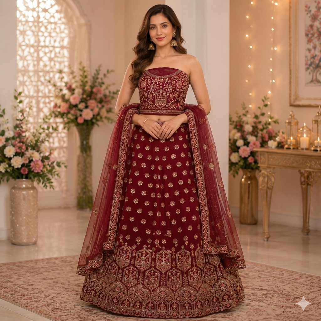 MAROON VELVET LEHENGA
