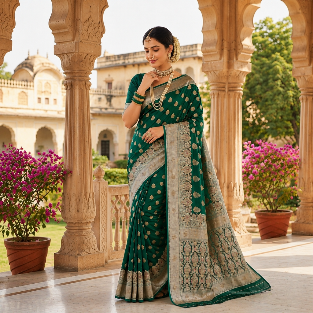 BOTTLE GREEN BANARASI SILK SAREE WITH SILVER ZARI