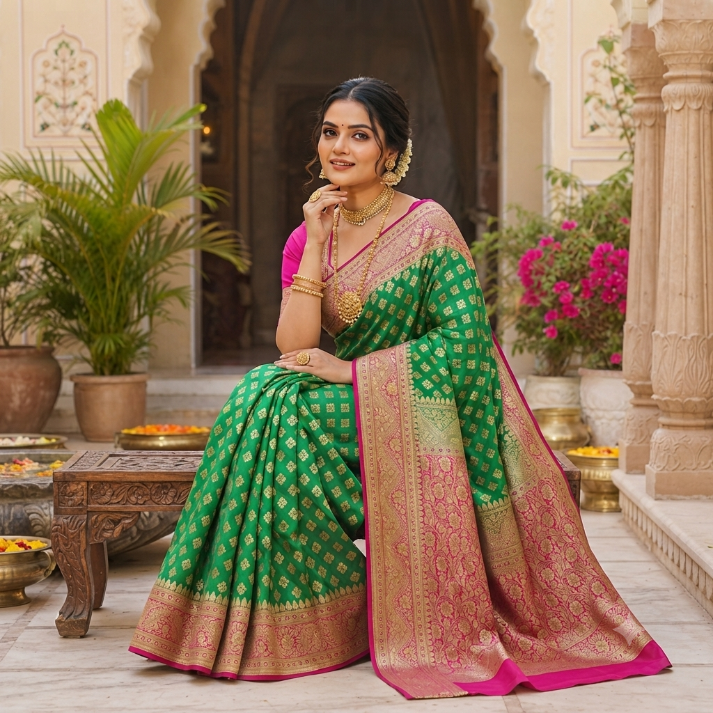 PARROT GREEN MAGENTA BANARASI SILK SAREE