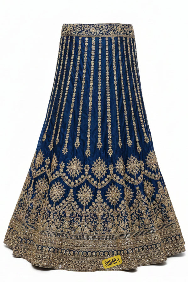 ROYAL BLUE VELVET LEHENGA WITH GOLD ZARI WORK