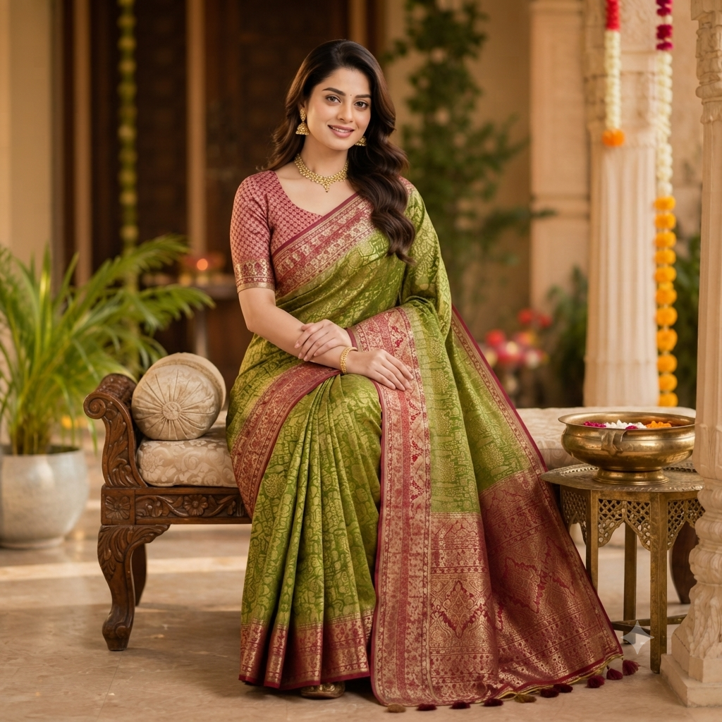 MEHENDI -GREEN KANCHIPURAM SILK SAREE