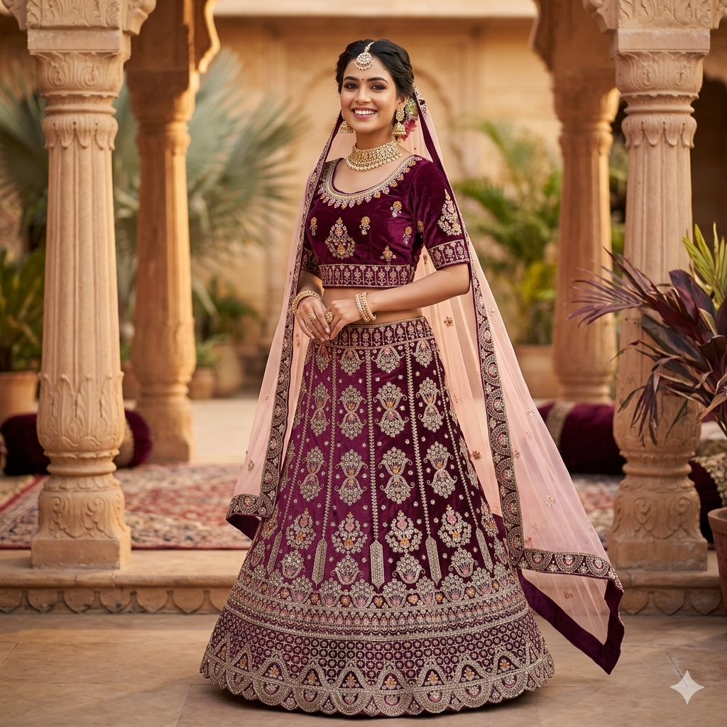 DEEP PLUM VELVET PARI LEHENGA