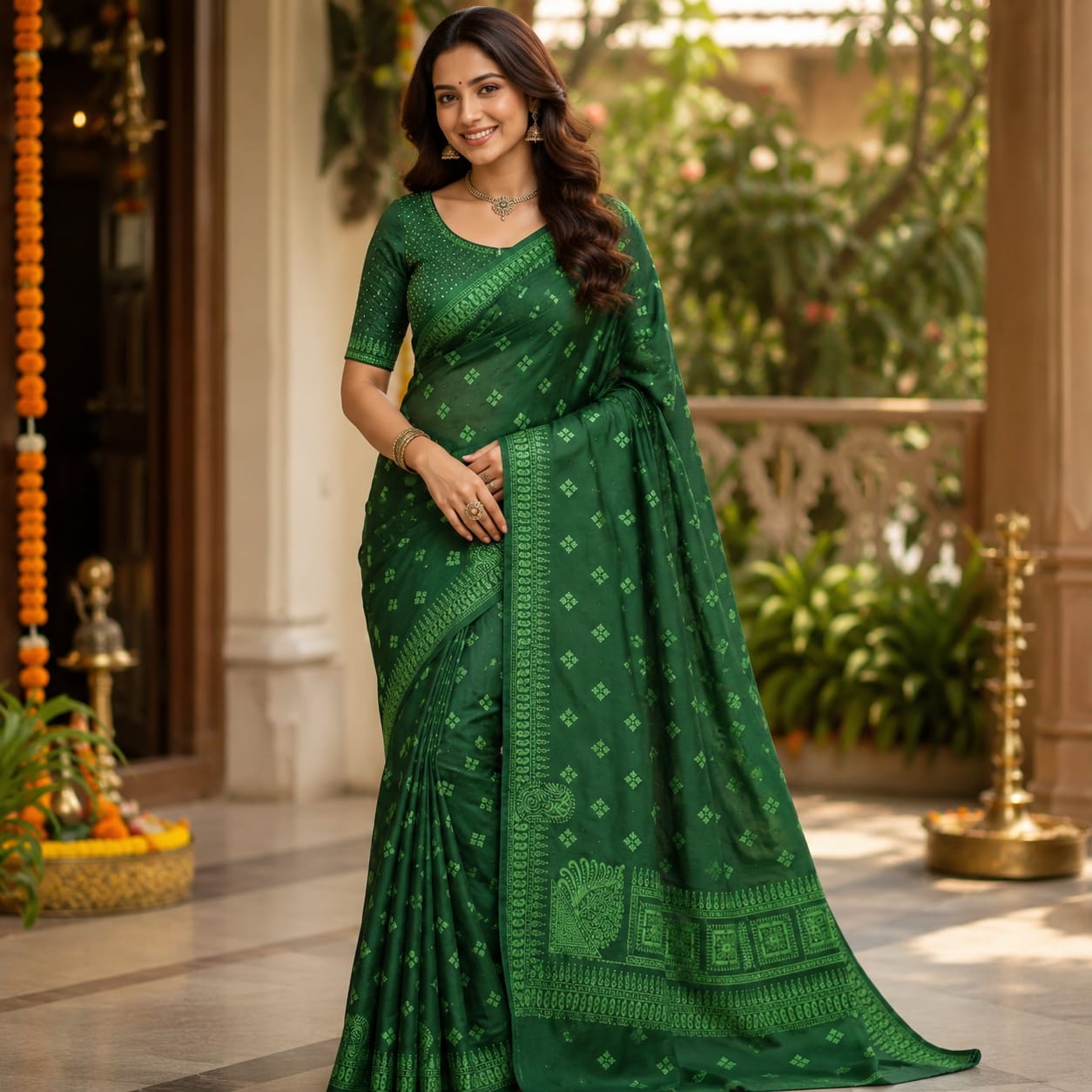 BOTTLE GREEN COTTON SAREE