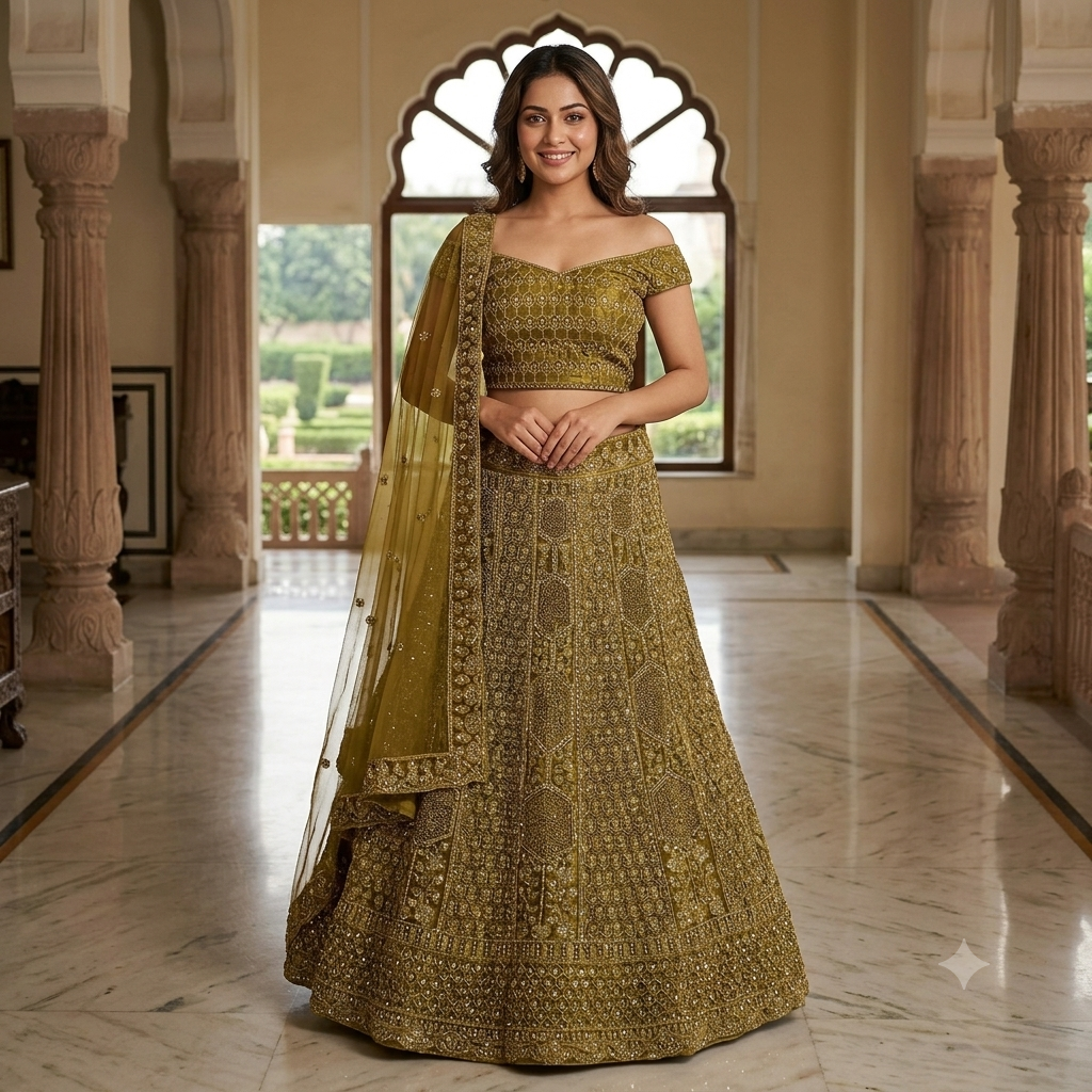 OLIVE GREEN LEHENGA WITH ALL- OVER GOLD ZARI WORK