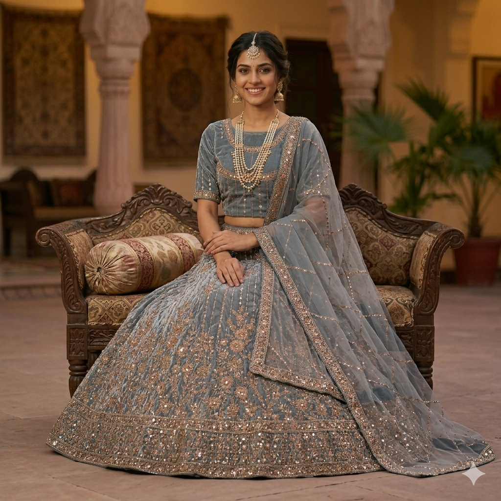 DUSTY BLUE ORGANZA LEHENGA