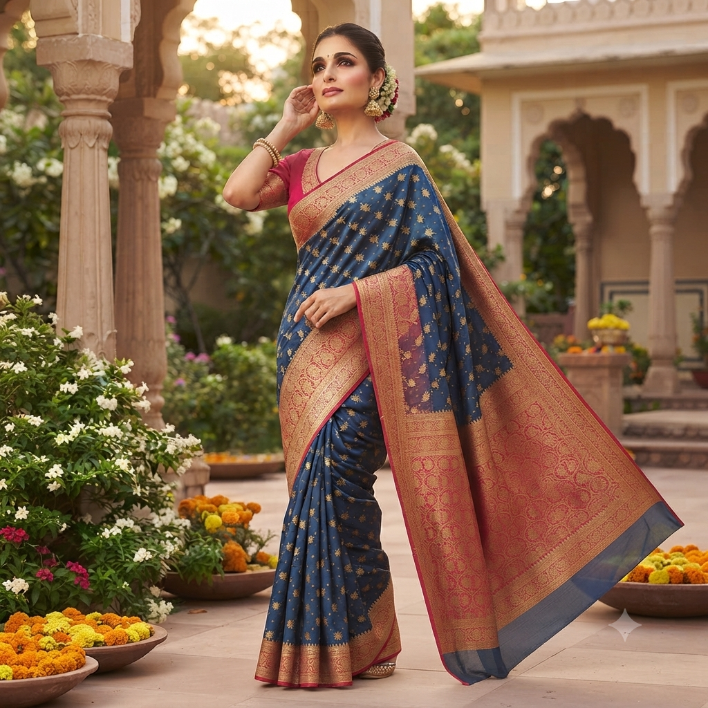 PEACOCK  BLUE RANI PINK BANARASI SILK SAREE