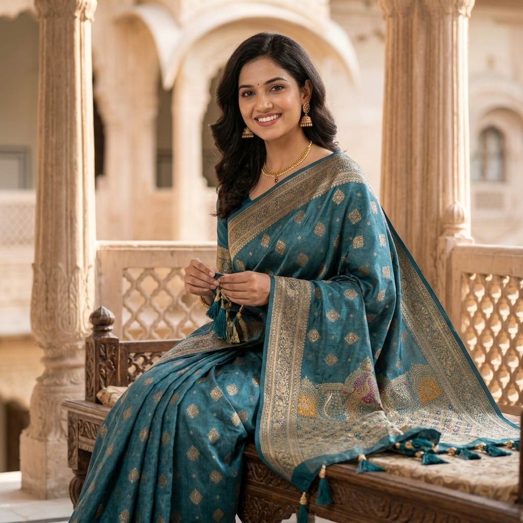 PEACOCK TEAL BANARASI SILK SAREE WITH GOLD BUTTAS