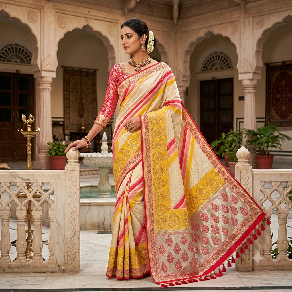 CREAM YELLOW+PINK LEHERIYA BANARASI SILK SAREE