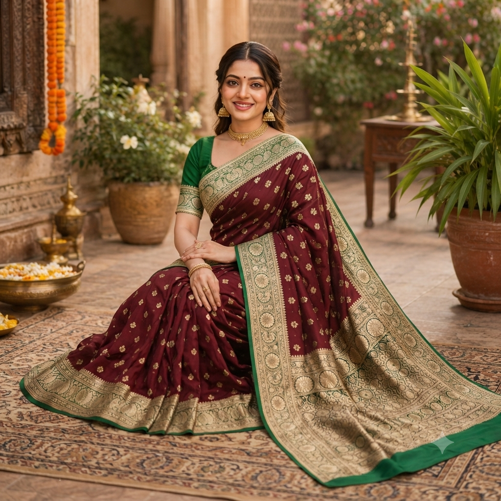 WINE-MAROON MEHENDI GREEN BANARASI SILK SAREE