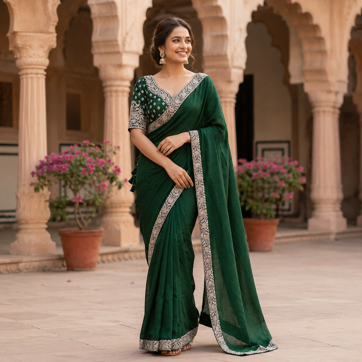 EMERALD GREEN SILK SAREE WITH HEAVY GOLD ZARI BORDER