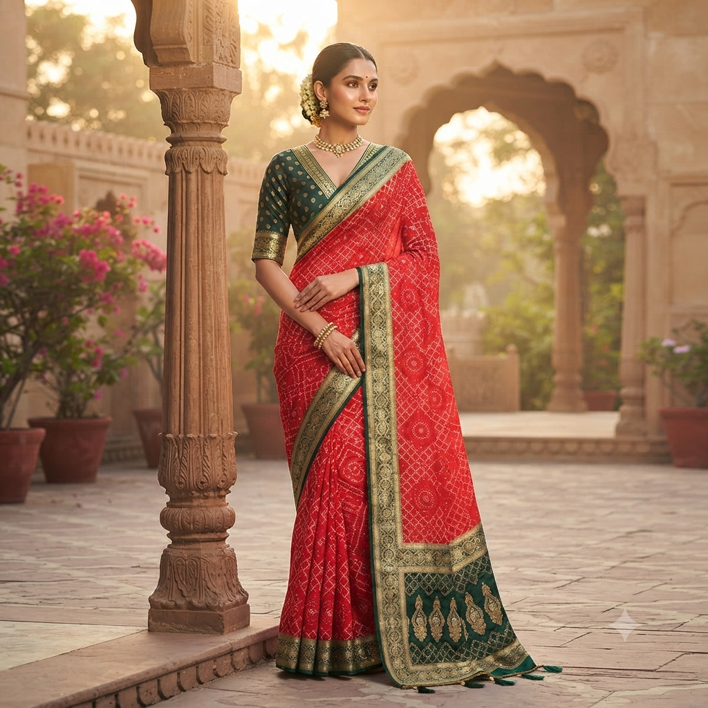 TOMATO  RED BANDHANI PRINT BANARASI SILK SAREE
