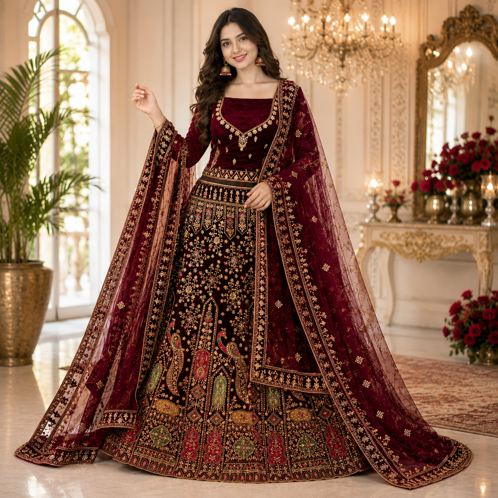 MAROON VELVET LEHENGA WITH HEAVY GOLD+ MULTICOLOR ZARDOZI WORK