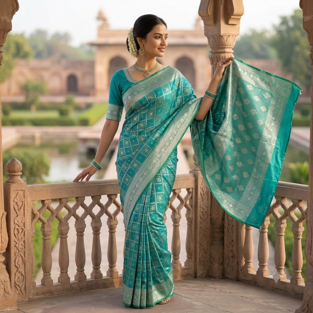 PEACOCK TEAL BANARASI SILK SAREE WITH SILVER ZARI