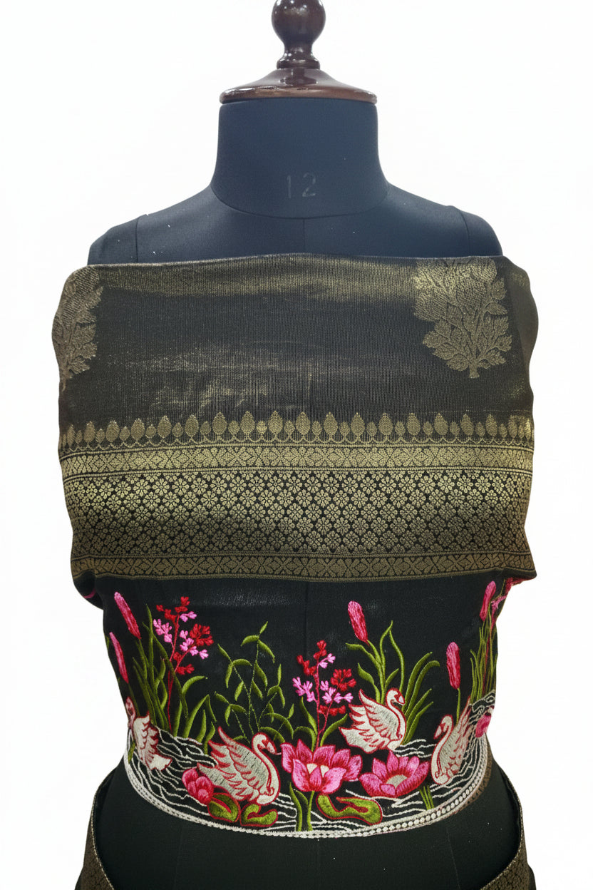 OLIVE GREEN LEHENGA WITH THOSE BRIGHT PINK + LOTUS FLORAL BORDER
