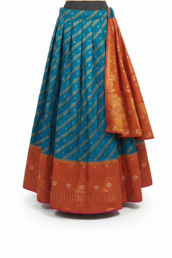 TEAL BLUE LEHENGA WITH GOLD ZARI  STRIPES WITH COPPER BROCADE BORDER
