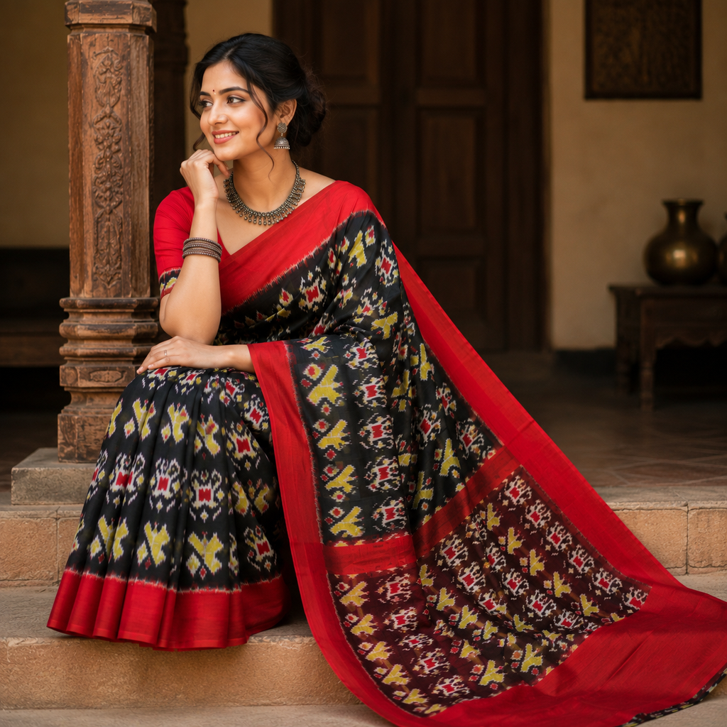 Red Mix Black With Yellow Boota Pure Sambalpuri Handloom Cotton Saree