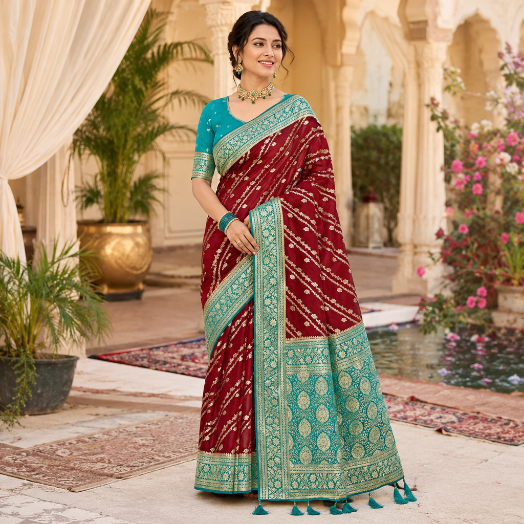 MAROON TEAL BANARASI SILK SAREE