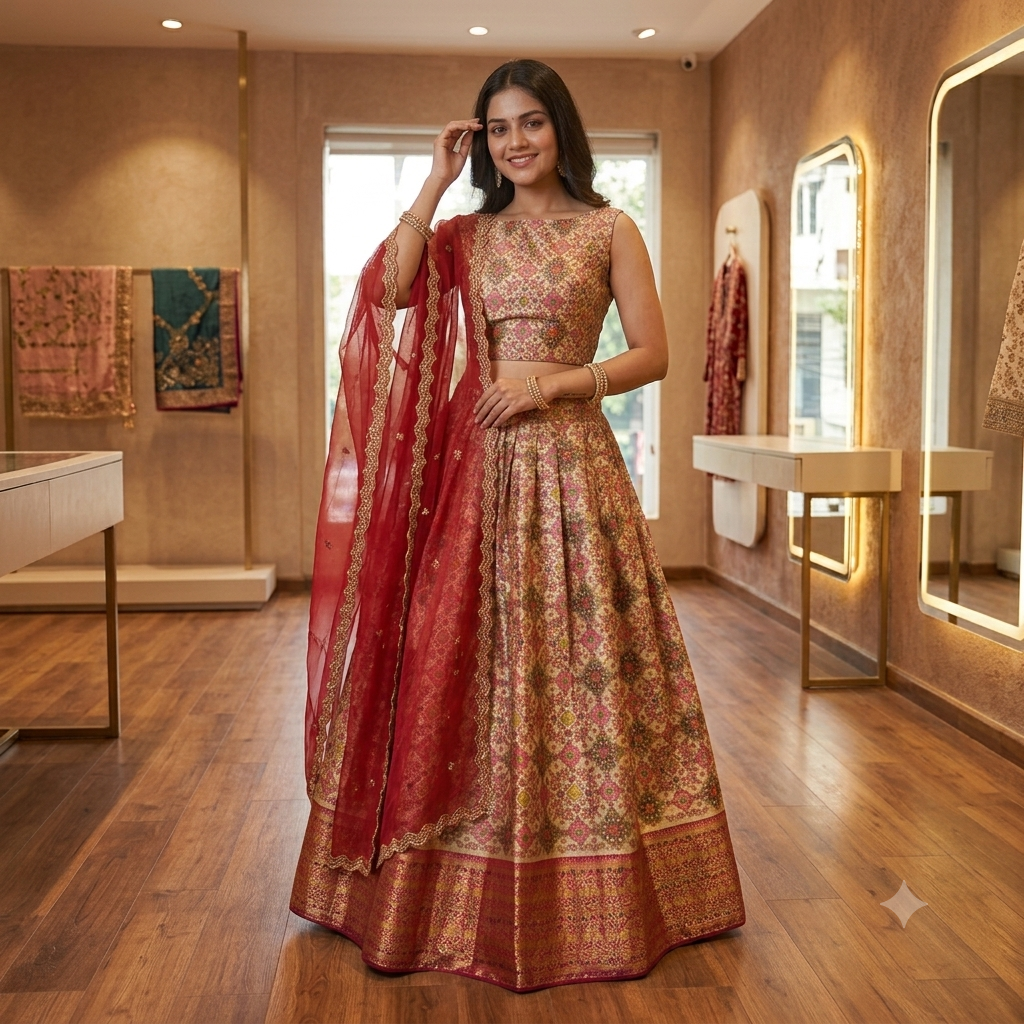 BEIGE BASE LEHENGA WITH MULTICOLOUR JAAL PRINT + THAT RICH MAROON - GOLD BORDER