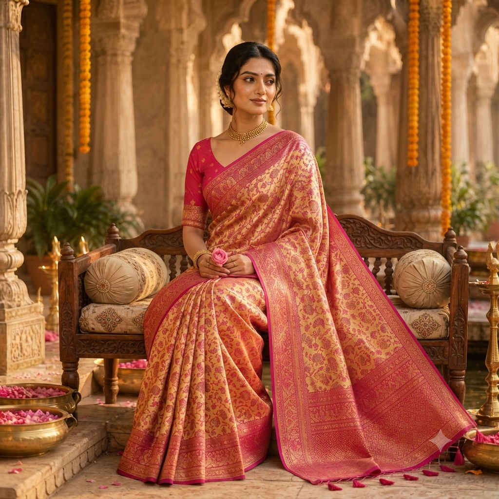 MUSTARD GOLD  PINK BANARASI SILK SAREE