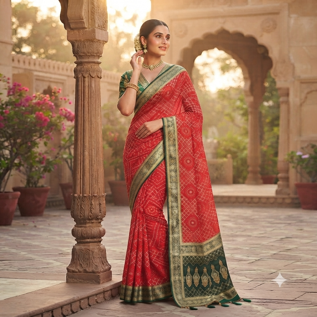 TOMATO  RED BANDHANI PRINT BANARASI SILK SAREE
