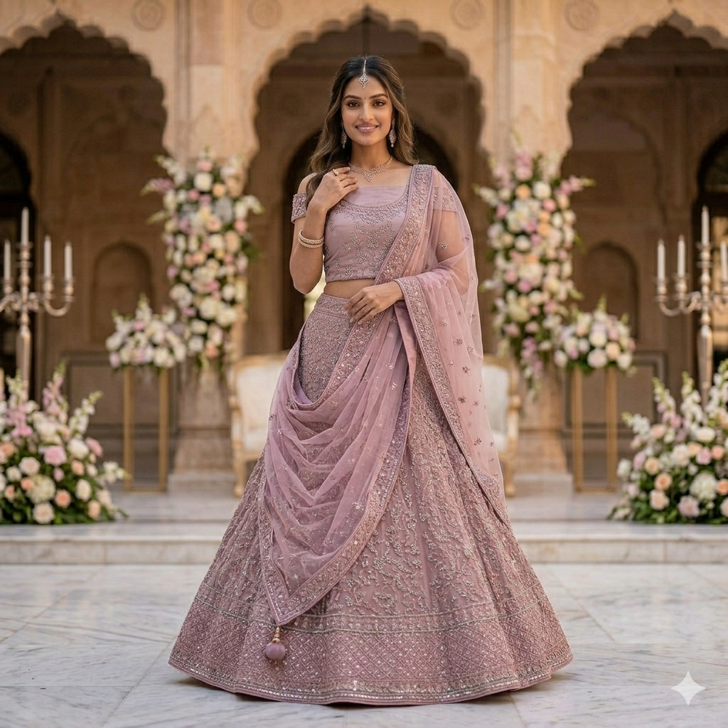 DUSTY ROSE LEHENGA WITH SILVER SEQUIN WORK