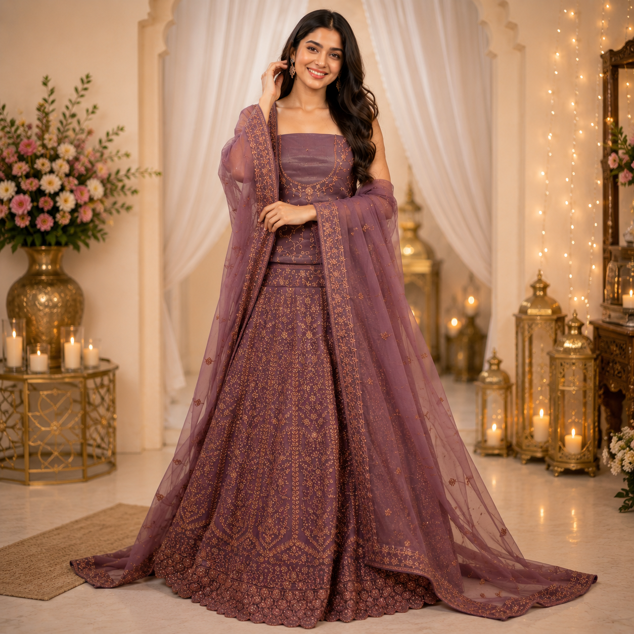 MAUVE LEHENGA WITH ROSE - GOLD EMBROIDERY