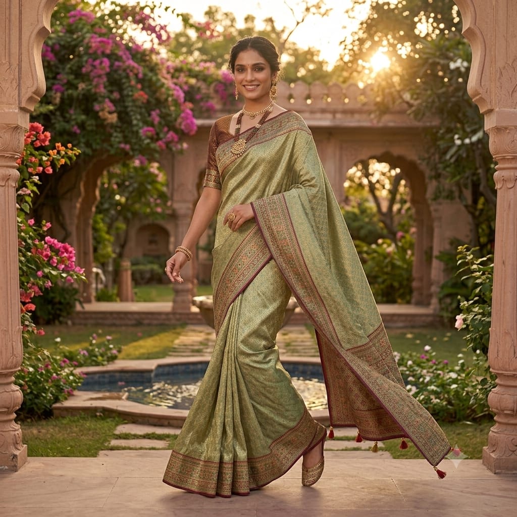 LIGHT OLIVE GREEN BANARASI SILK SAREE WITH MULTICOLOUR MEENAKARI BORDER
