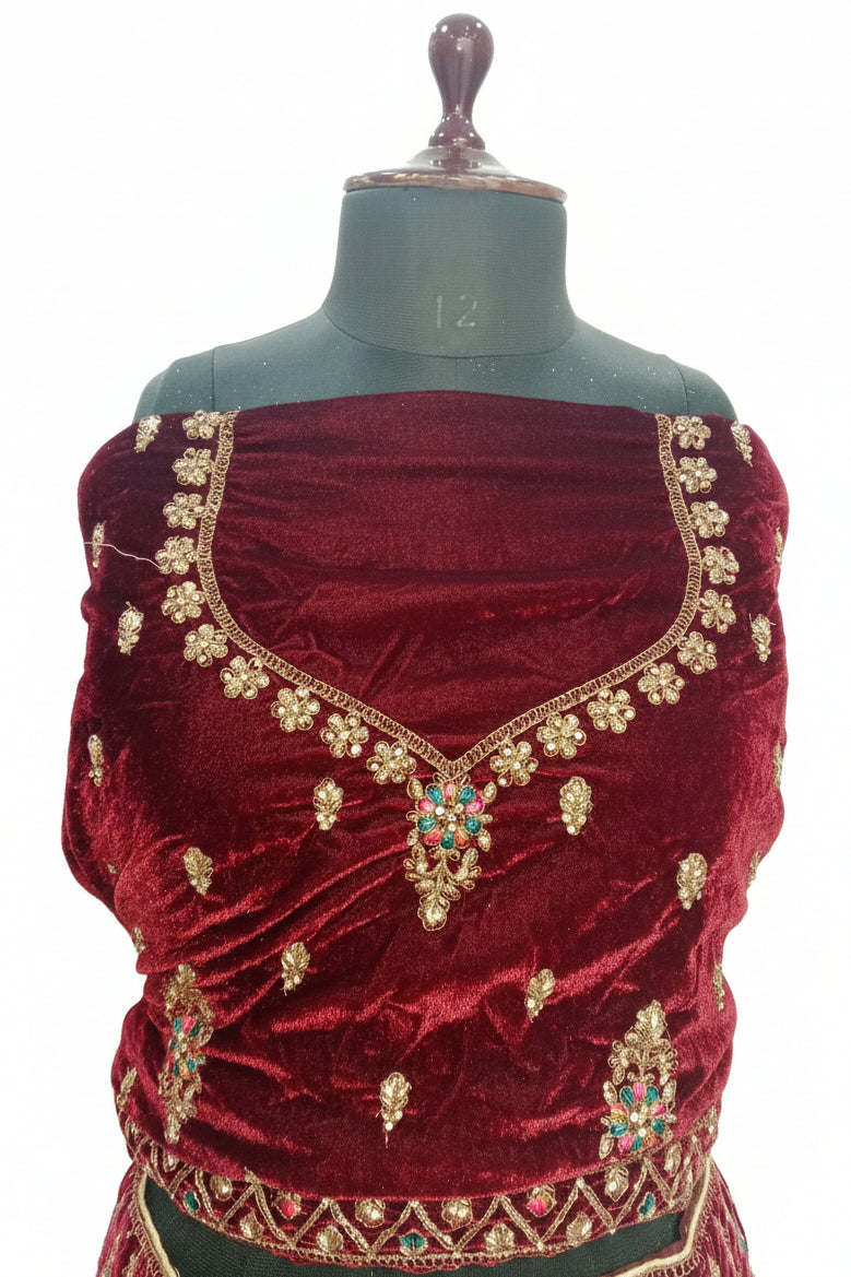 MAROON VELVET LEHENGA WITH HEAVY GOLD+ MULTICOLOR ZARDOZI WORK