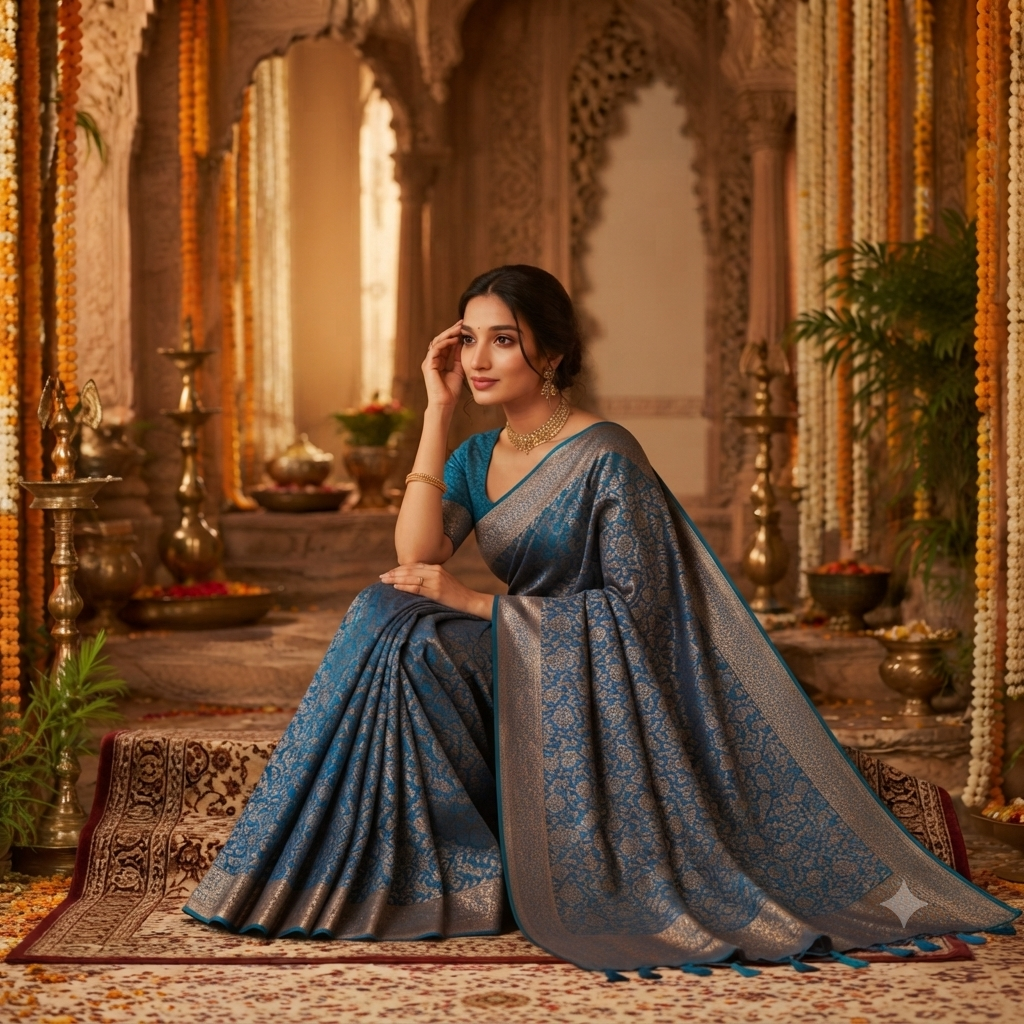 PEACOCK BLUE BANARASI SILK SAREE