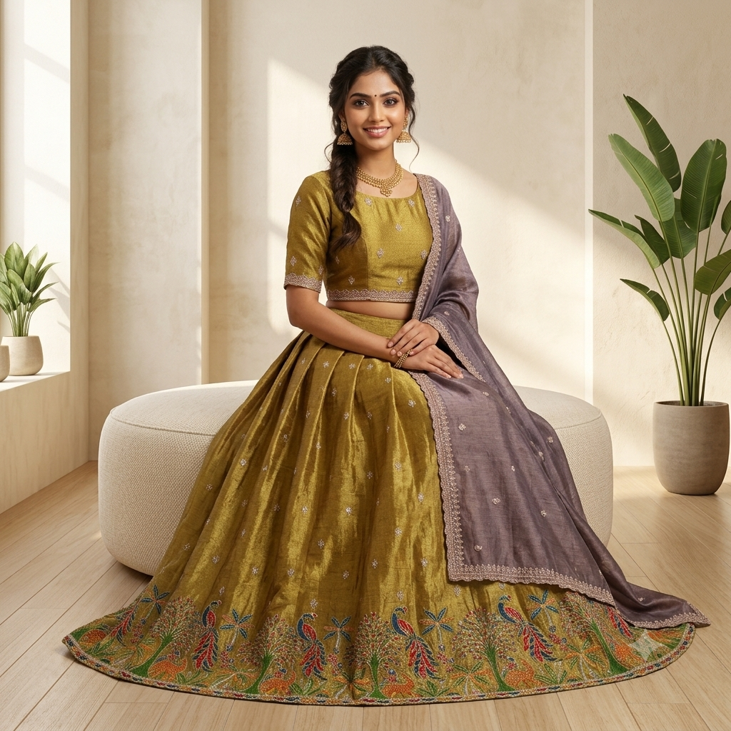 MUSTARD YELLOW  LEHENGA WITH THE COLOUR PARROT TREE EMBROIDERY