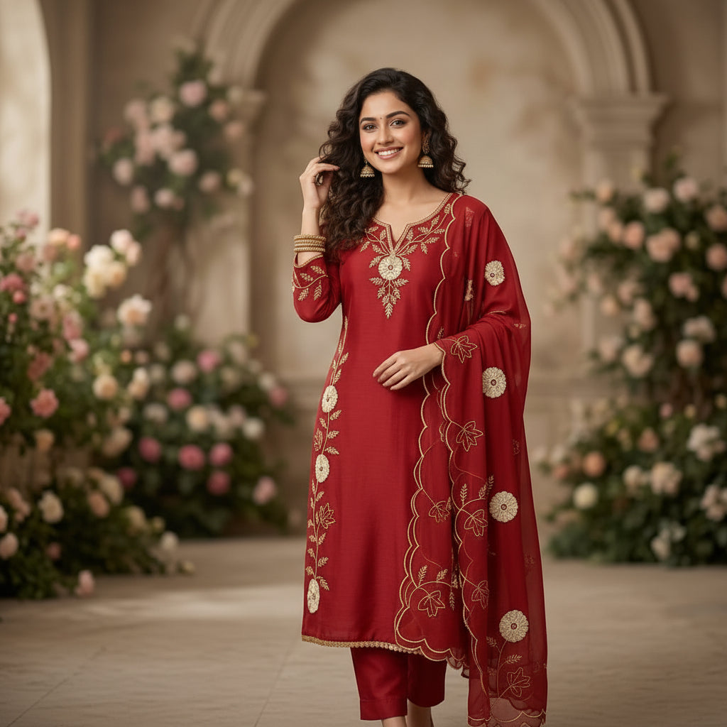 WINE RED KURTI SET