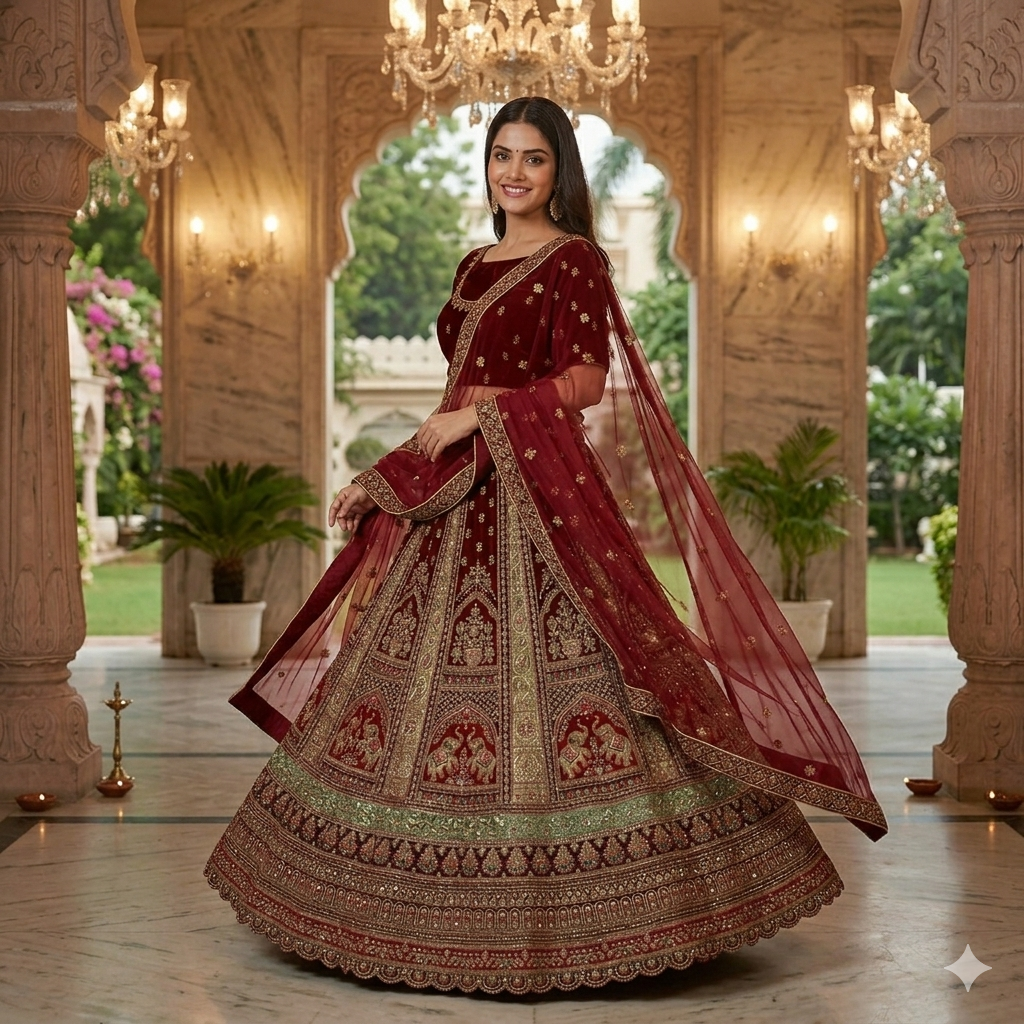 WINE MAROON ROYAL VELVET LEHENGA