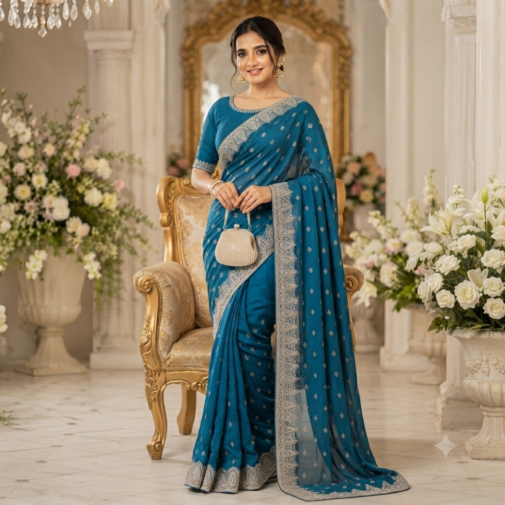 TEAL BLUE GEORGETTE/CHIFFON SAREE