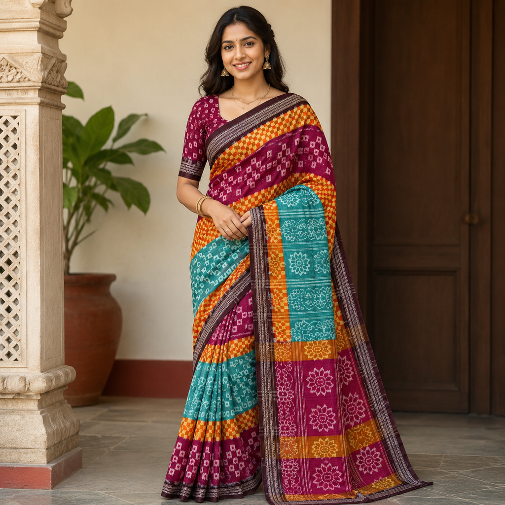 MAGENTA, MUSTARD YELLOW AND TURQUOISE BANDHANI PRINT SAMBALPURI HANDLOOM COTTON SAREE