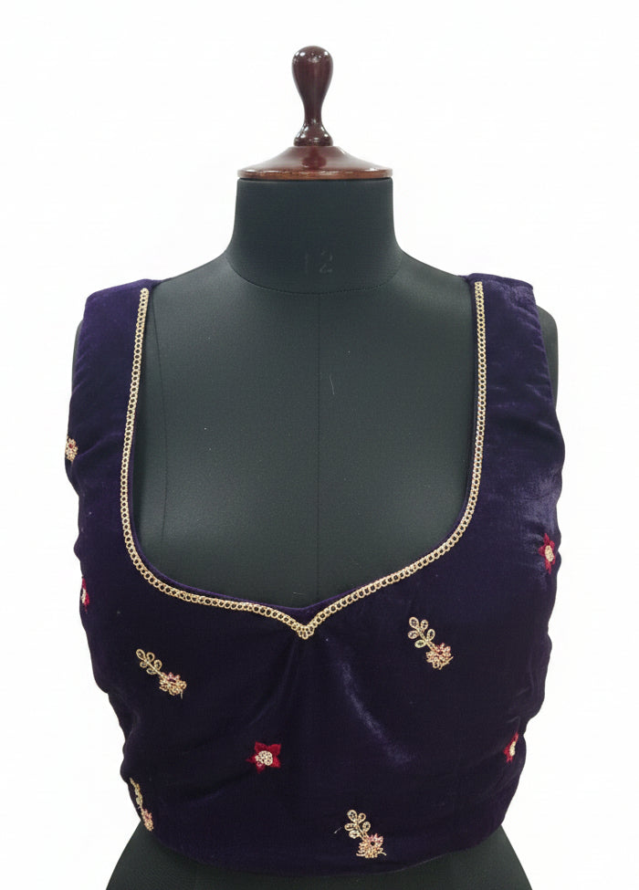 DEEP PURPLE VELVET LEHENGA WITH GOLD PAISLEY+ FLORAL EMBROIDERY