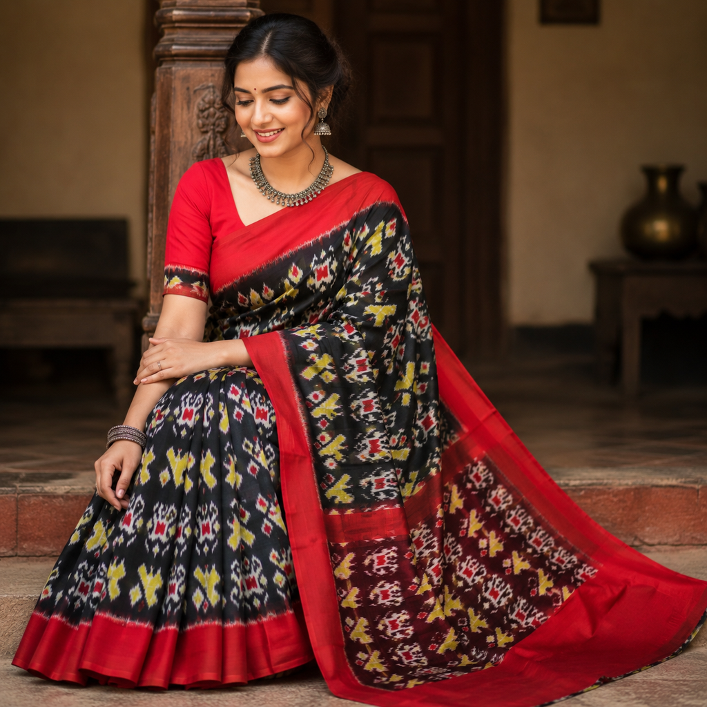 Red Mix Black With Yellow Boota Pure Sambalpuri Handloom Cotton Saree