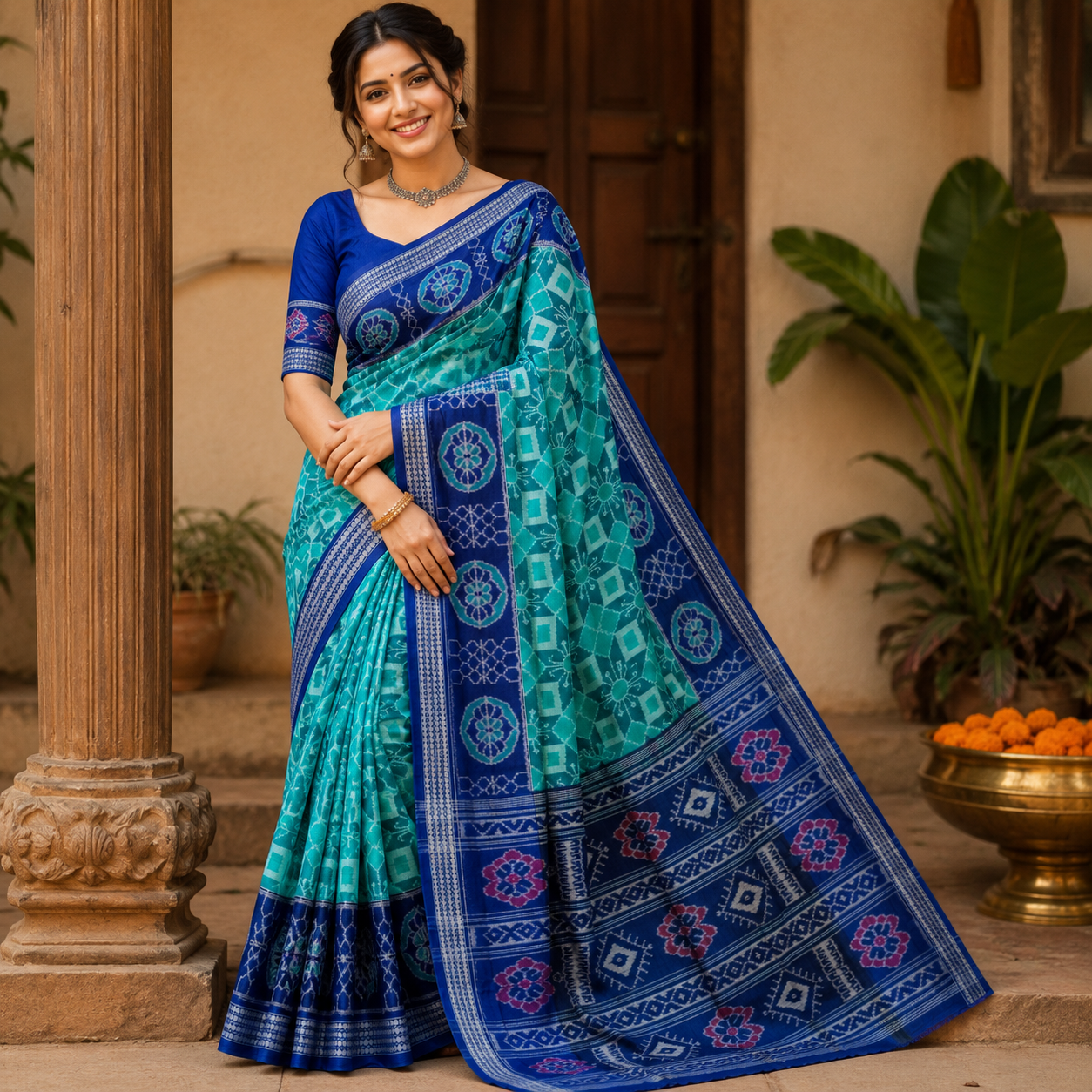 SEA GREEN SAMBALPURI  HANDLOOM COTTON SAREE