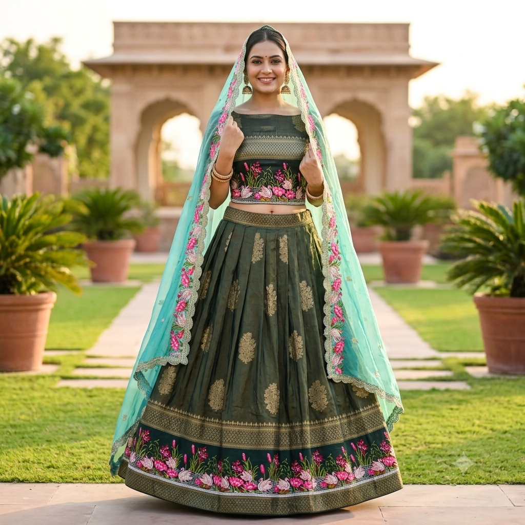 OLIVE GREEN LEHENGA WITH THOSE BRIGHT PINK + LOTUS FLORAL BORDER