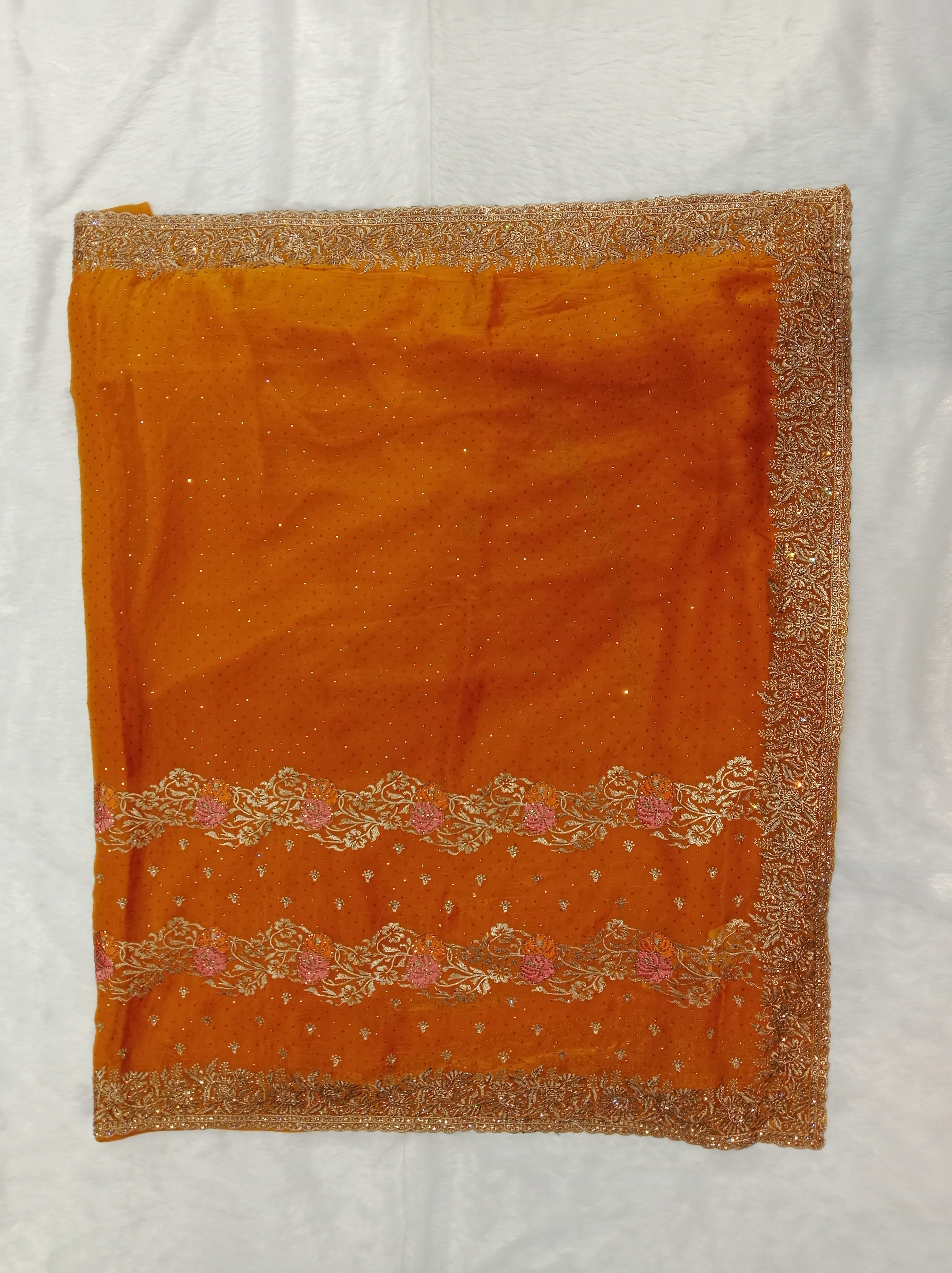 MARIGOLD GEORGETTE SAREE WITH GOLD+ PINK ZARI BORDER