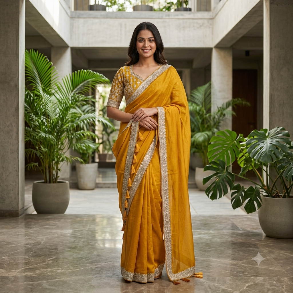 MUSTARD YELLOW SAREE WITH SILVER SEQUIN BORDER