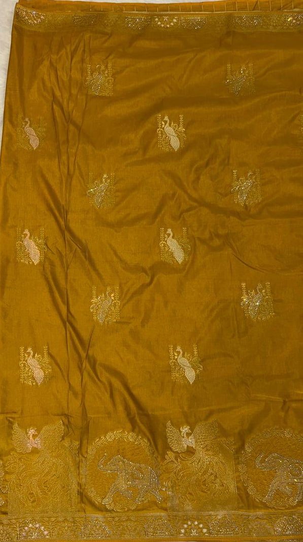 MUSTARD YELLOW BANARASI SILK SAREE WITH ELEPHANT+ PEACOCK GOLD ZARI MOTIFS