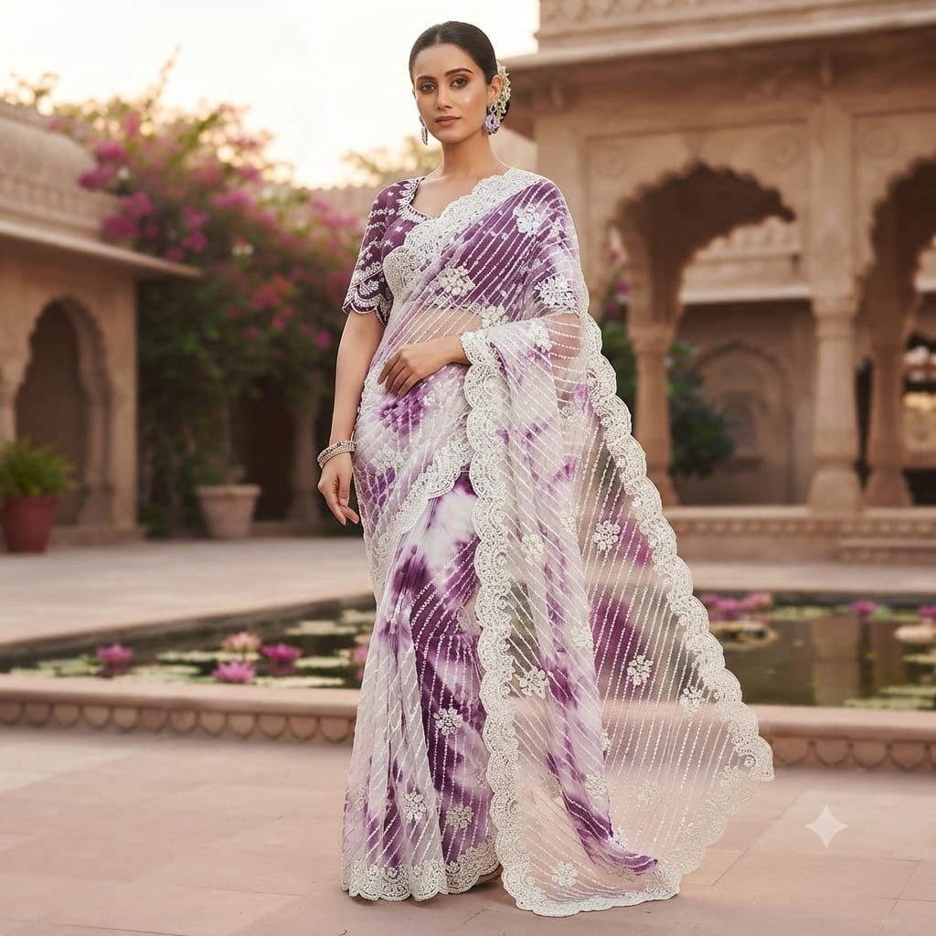 PLUM AND WHITE SAREE